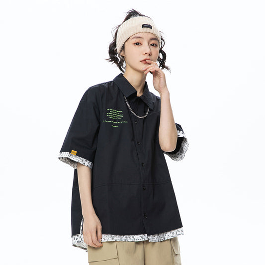 Unisex Shirt Stitching Loose False Two Pieces