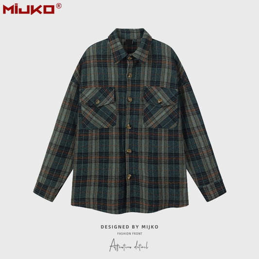 MIJKO Mens Jacket Loose Casual Plaid Jacket