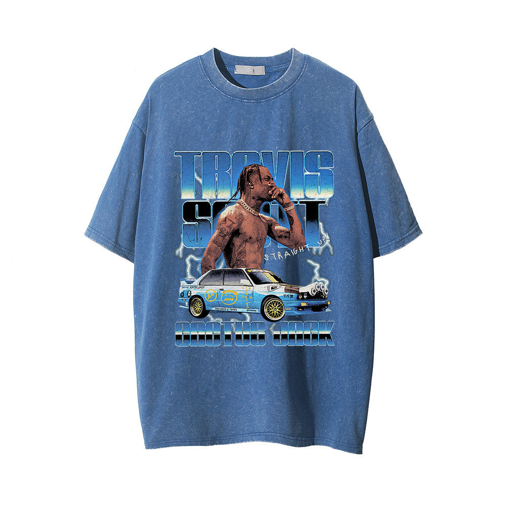 Men Vintage T-Shirt Distressed Short-Sleeved T-shirt Men's Summer Loose round Neck