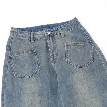 Women Pants Washed Jeans Straight-Leg Pants Loose-Fitting Wide-Leg Trousers