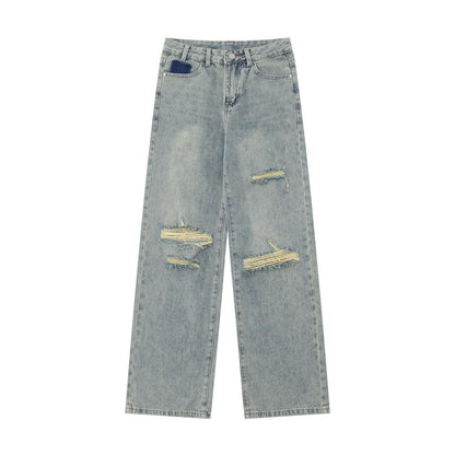 Women Pants Ripped Washed Jeans Straight Wide Leg Pants Loose Trousers
