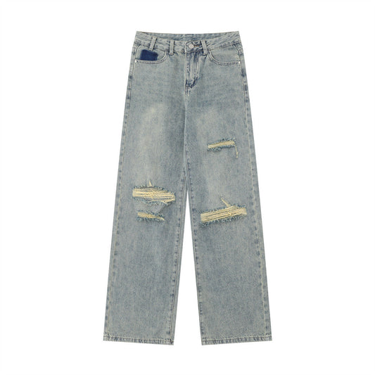 Women Pants Ripped Washed Jeans Straight Wide Leg Pants Loose Trousers