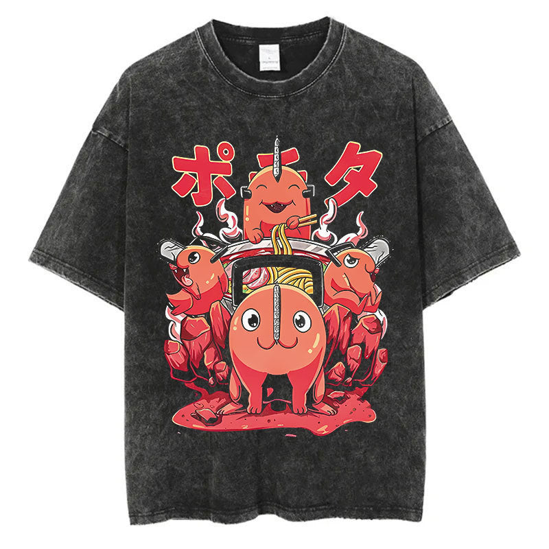 Anime Chainsaw Men Washed Tshirt Retro Hip Hop Streetwear