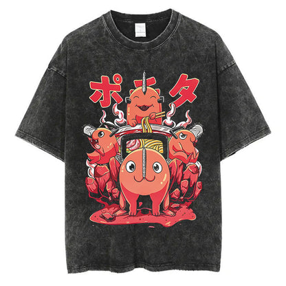 Anime Chainsaw Men Washed Tshirt Retro Hip Hop Streetwear