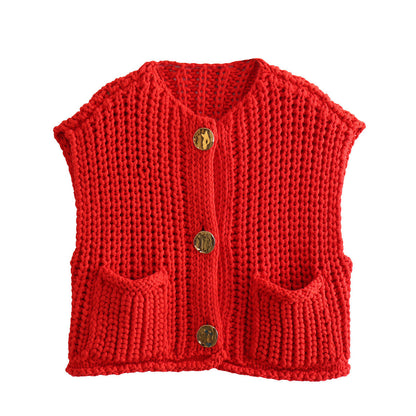 Women Tops Spring/Summer Knitted Vest Single Breasted Short Vest