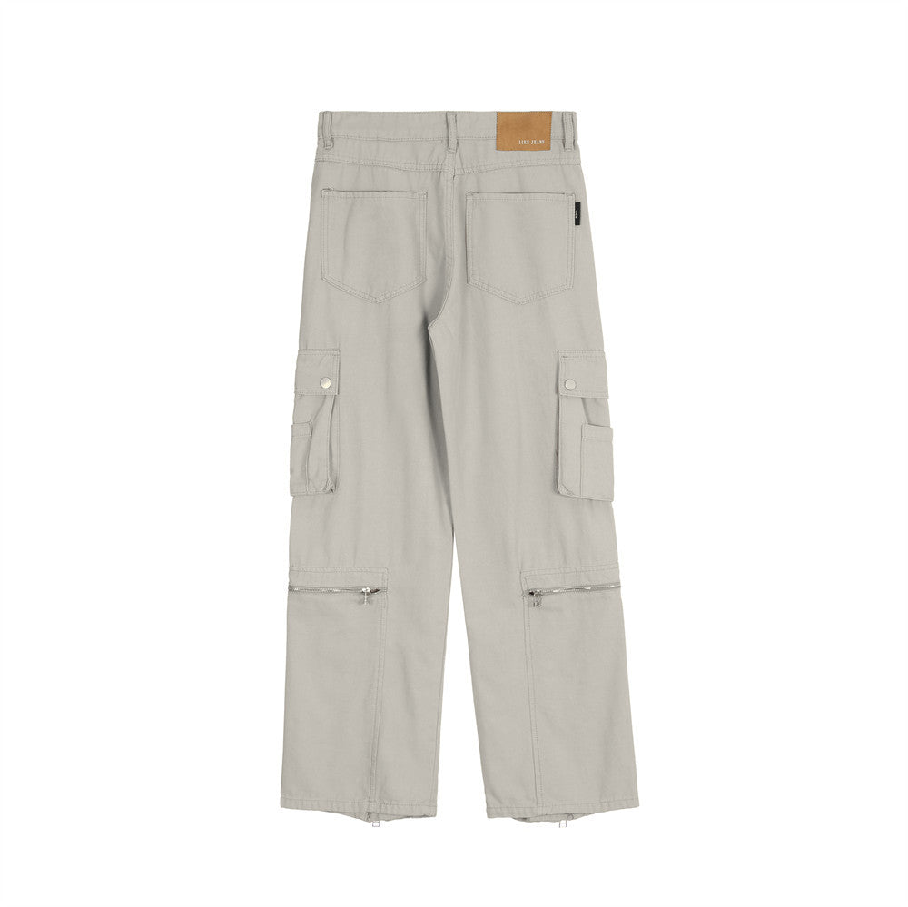 Men Jeans Multi-Pocket Workwear Loose Stitching Zipper Slit