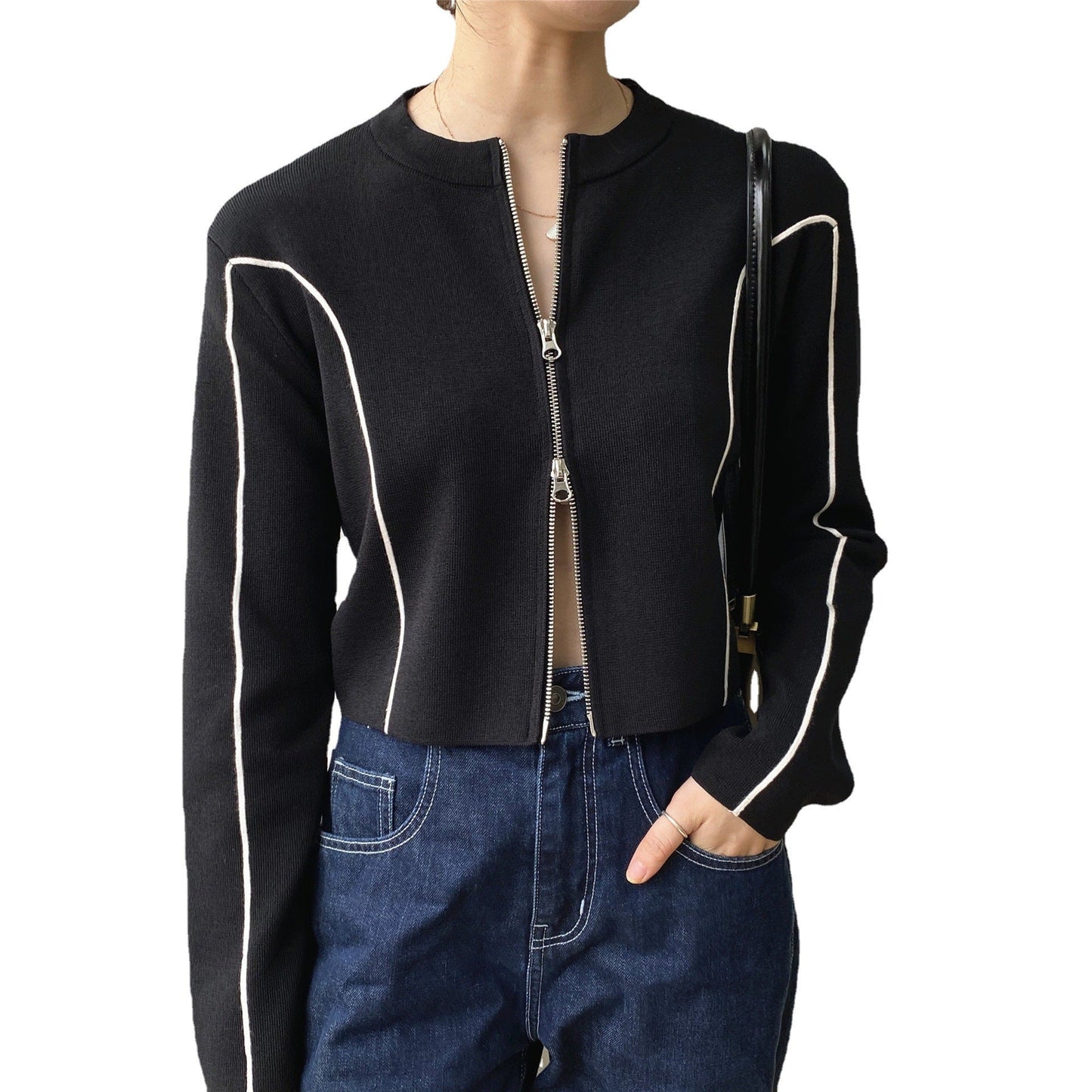 Women Cardigan Sweater Zipper Short Jacket Knitted Hong Kong Style Sweater Coat 20238t7217