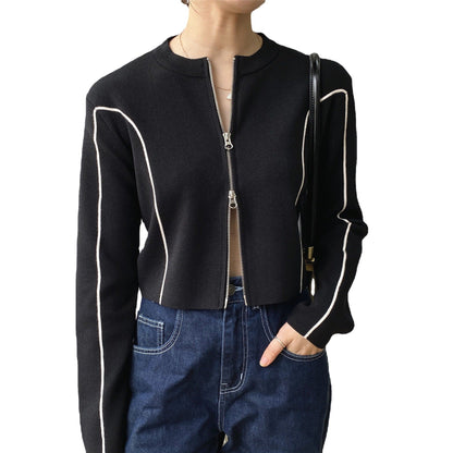 Women Cardigan Sweater Zipper Short Jacket Knitted Hong Kong Style Sweater Coat 20238t7217