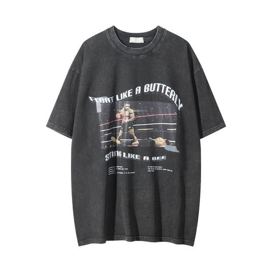 Men Vintage T-Shirt Character Printed Short-Sleeved T-shirt Men's Summer Washed and Worn round Neck