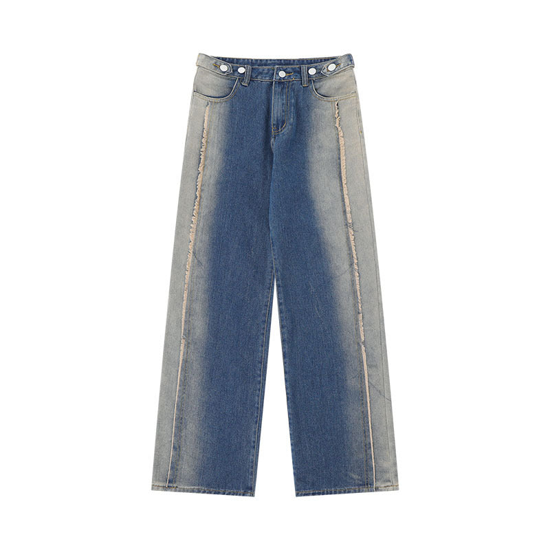 Men Jeans Washed Burr Straight Wide Leg Jeans Men's and Women's Denim Trousers