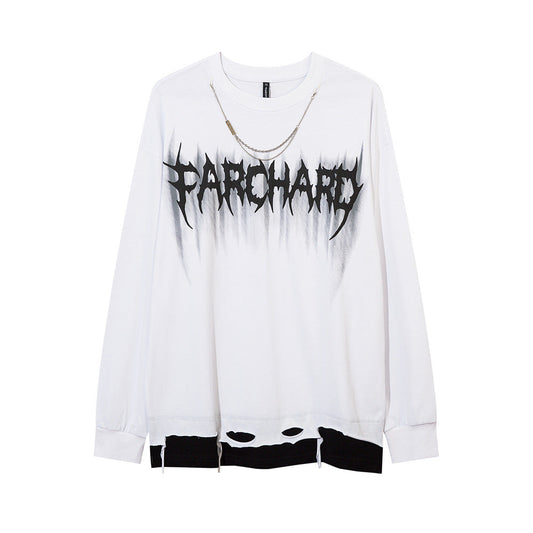 Men Long Sleeve T-Shirt Cut Ripped Necklace Decoration Fake Two Pieces