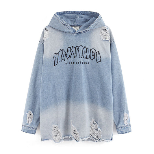 Men Hoodie Retro Distressed Heavy Industry Water Washed Hole Hooded Sweater Denim Hoodie