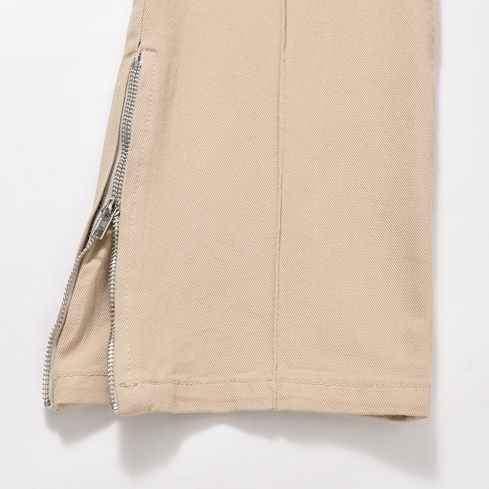 Men Sweatpants Leg Zipper Workwear Casual Pants Baggy Straight Trousers Solid Color Wide Leg Trousers