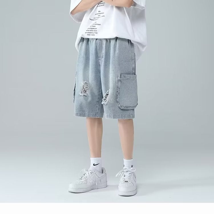 Men Jeans Ripped Workwear Pants Men's Summer Retro Denim Shorts