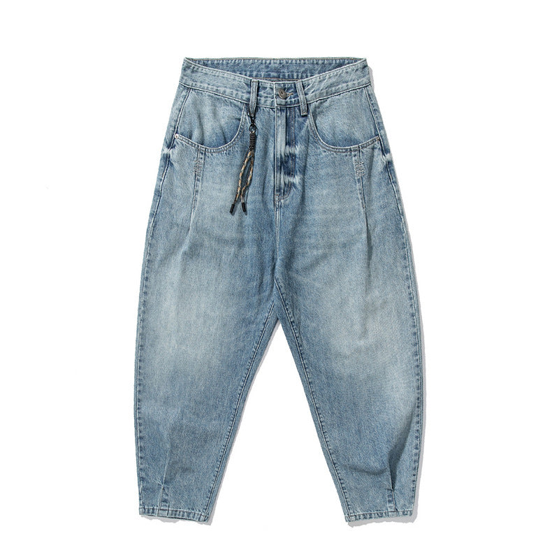 Men Jeans Light Blue Wash Water Ankle-Tied Jeans