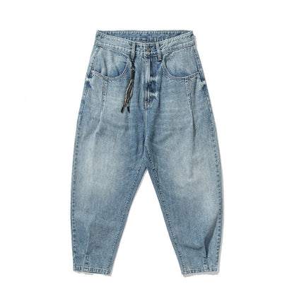 Men Jeans Light Blue Wash Water Ankle-Tied Jeans