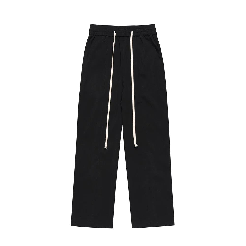 Men Sweatpants Fastener Decoration Straight Casual Pants Men's Loose Drawstring Elastic Waist Wide Leg Pants