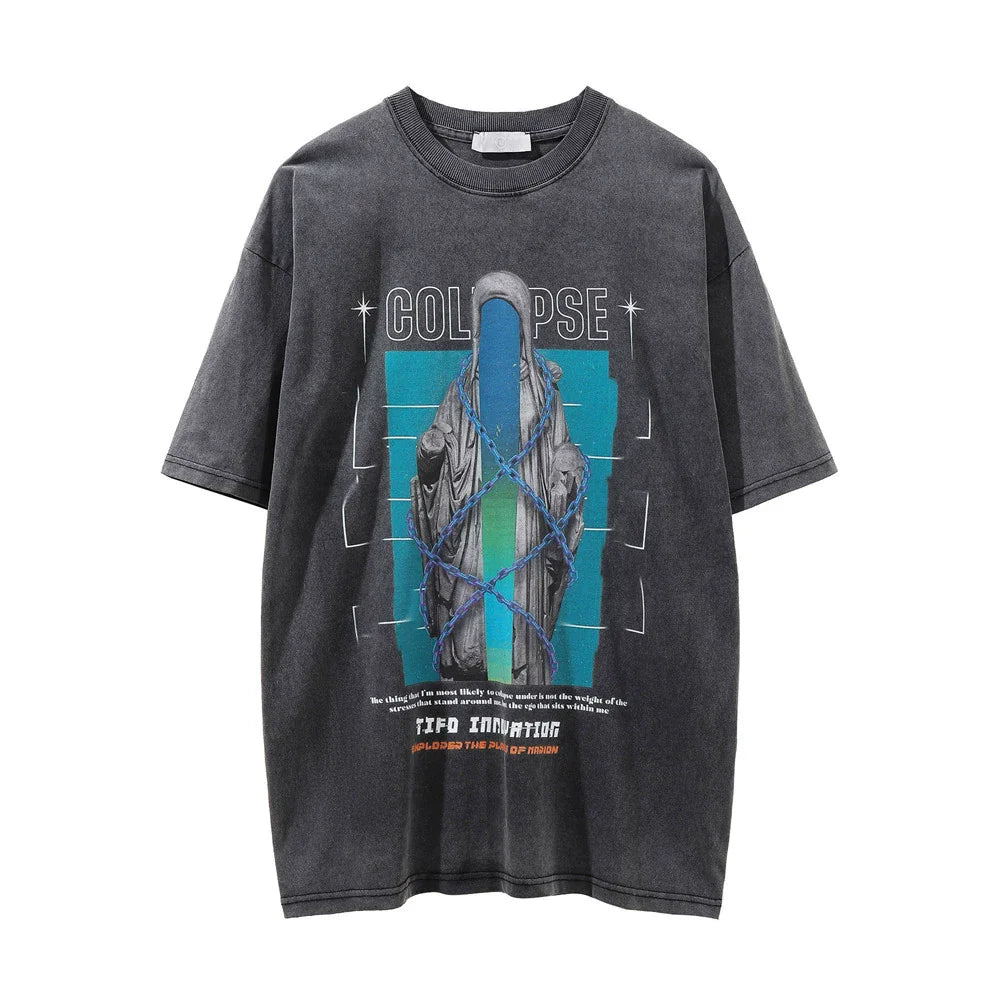Men Vintage T-Shirt Printed Short-Sleeved T-shirt Men's Street Washed Distressed round Neck Summer Loose