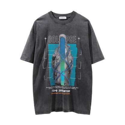 Men Vintage T-Shirt Printed Short-Sleeved T-shirt Men's Street Washed Distressed round Neck Summer Loose