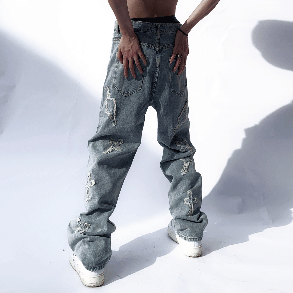 Men Jeans Cross Paste Cloth Embroidery Distressed Trendy Loose