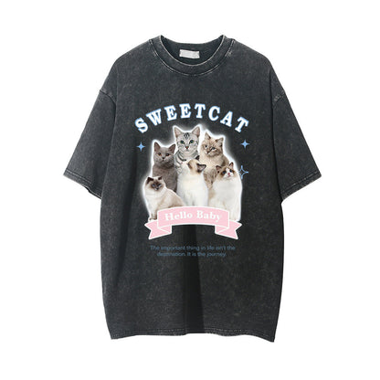 Men Vintage T-Shirt Printed Distressed Washed Short-Sleeved T-shirt Men's Summer Casual Loose round Neck