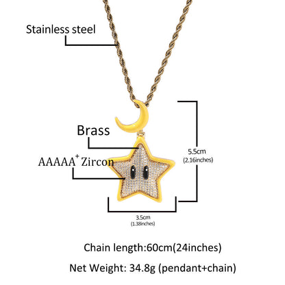 Jewelry Cartoon Luminous Star Hip Hop Necklace Men's Diamond Copper Pendant St. Valentine's Spectrum Night light Necklaces