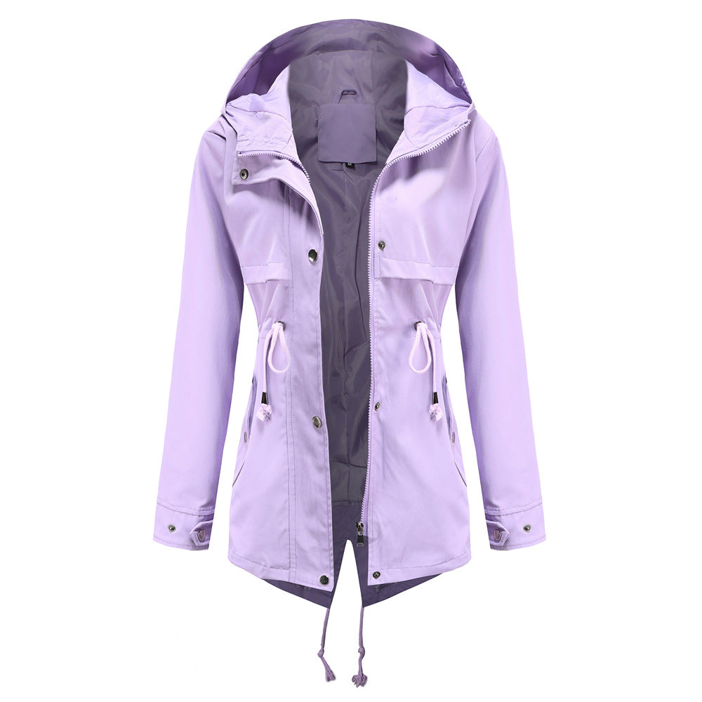 Women Trench Coat Mid-Length Hooded Jacket Long-Sleeved Raincoat