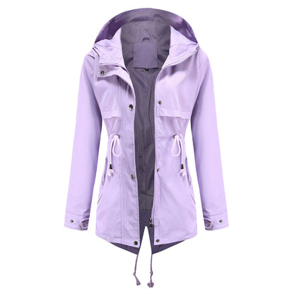 Women Trench Coat Mid-Length Hooded Jacket Long-Sleeved Raincoat