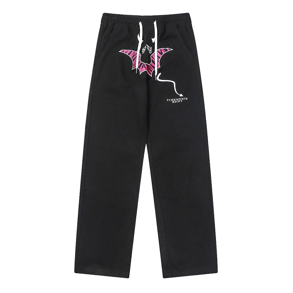 Men Sweatpants Personalized Embroidered Devil Horn Straight Casual Trousers Hip Hop Diagonal Cloth Jeans