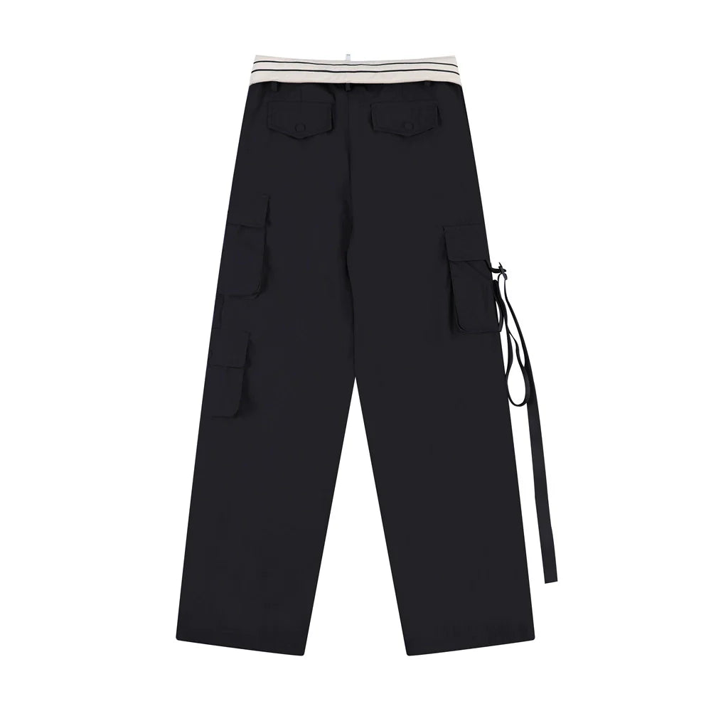 Men Sweatpants Loose Multi-Pocket Streamers Wide Leg Casual Trousers
