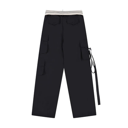 Men Sweatpants Loose Multi-Pocket Streamers Wide Leg Casual Trousers