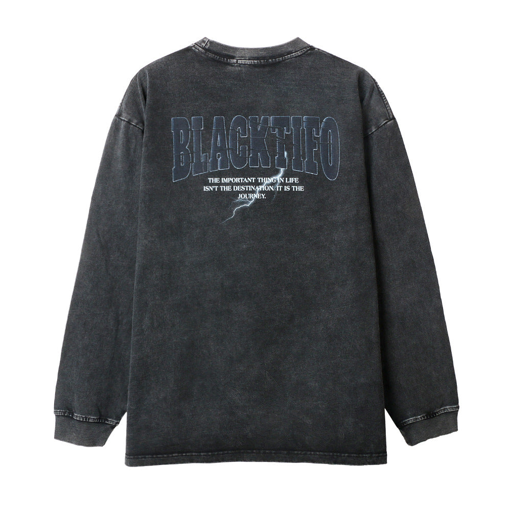 Men Long Sleeve T-shirt Portrait Printing Trendy Distressed Loose