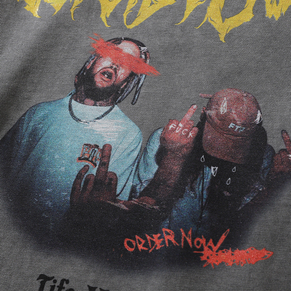 Men Long Sleeve T-Shirt Rock Rap Character Print Washed and Worn