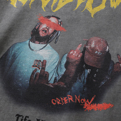 Men Long Sleeve T-Shirt Rock Rap Character Print Washed and Worn