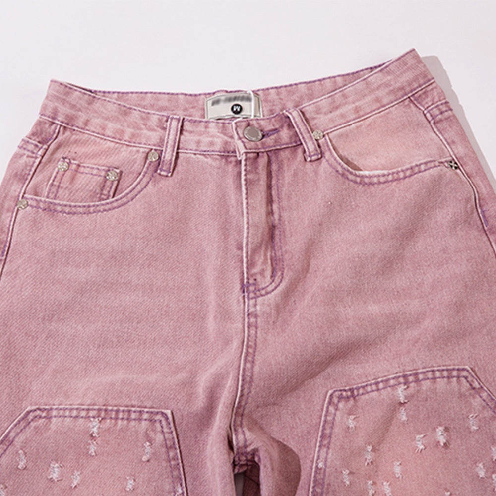 Women Pants Pink Straight Ripped Jeans for Women