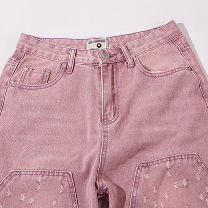 Women Pants Pink Straight Ripped Jeans for Women
