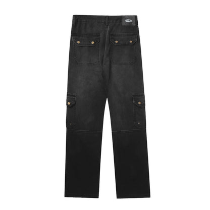 Men Jeans Washed and Worn Loose Cargo Zipper