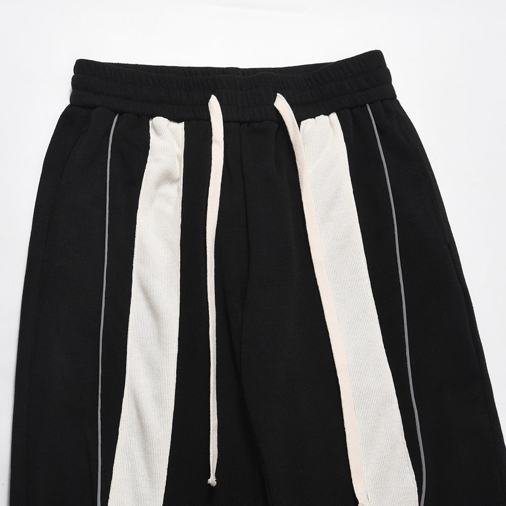 Men Sweatpants Stitching Contrast Color Casual Pants Loose Track Pants Drawstring Elastic Waist Straight-Leg Wide-Leg Pants