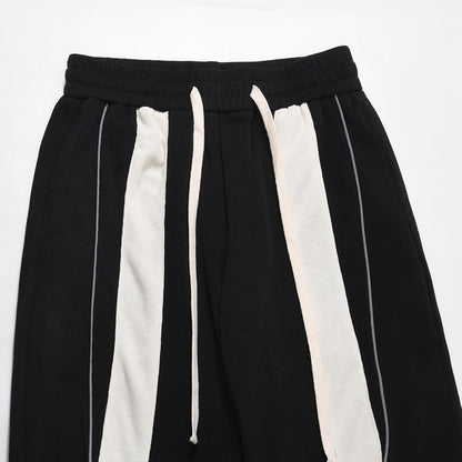 Men Sweatpants Stitching Contrast Color Casual Pants Loose Track Pants Drawstring Elastic Waist Straight-Leg Wide-Leg Pants