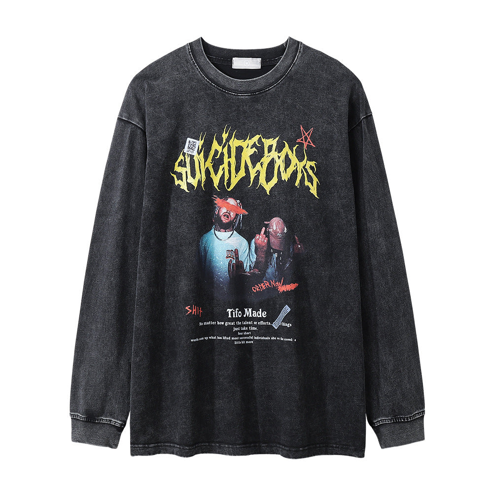 Men Long Sleeve T-Shirt Rock Rap Character Print Washed and Worn