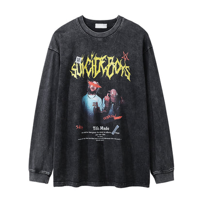 Men Long Sleeve T-Shirt Rock Rap Character Print Washed and Worn