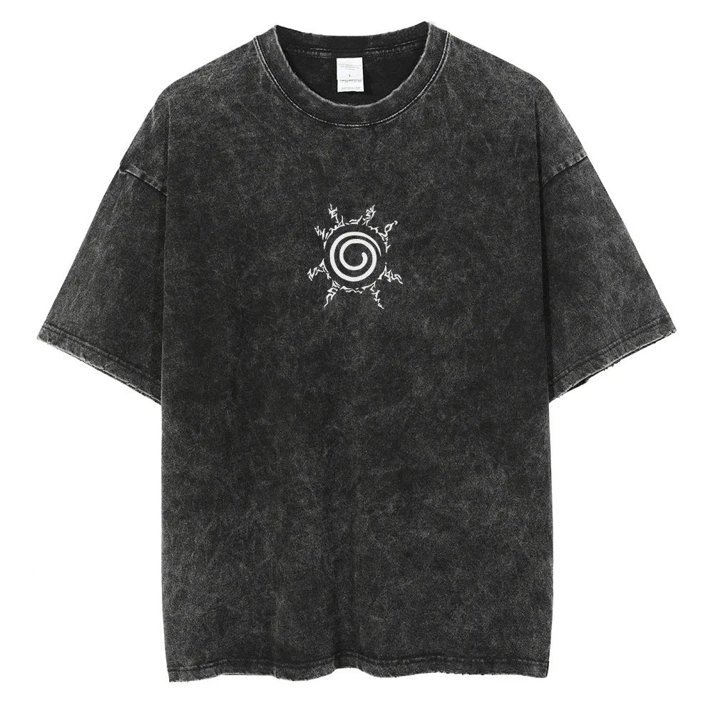 Men Women Washed T Shirt Black Japanese Anime Print T Shirt