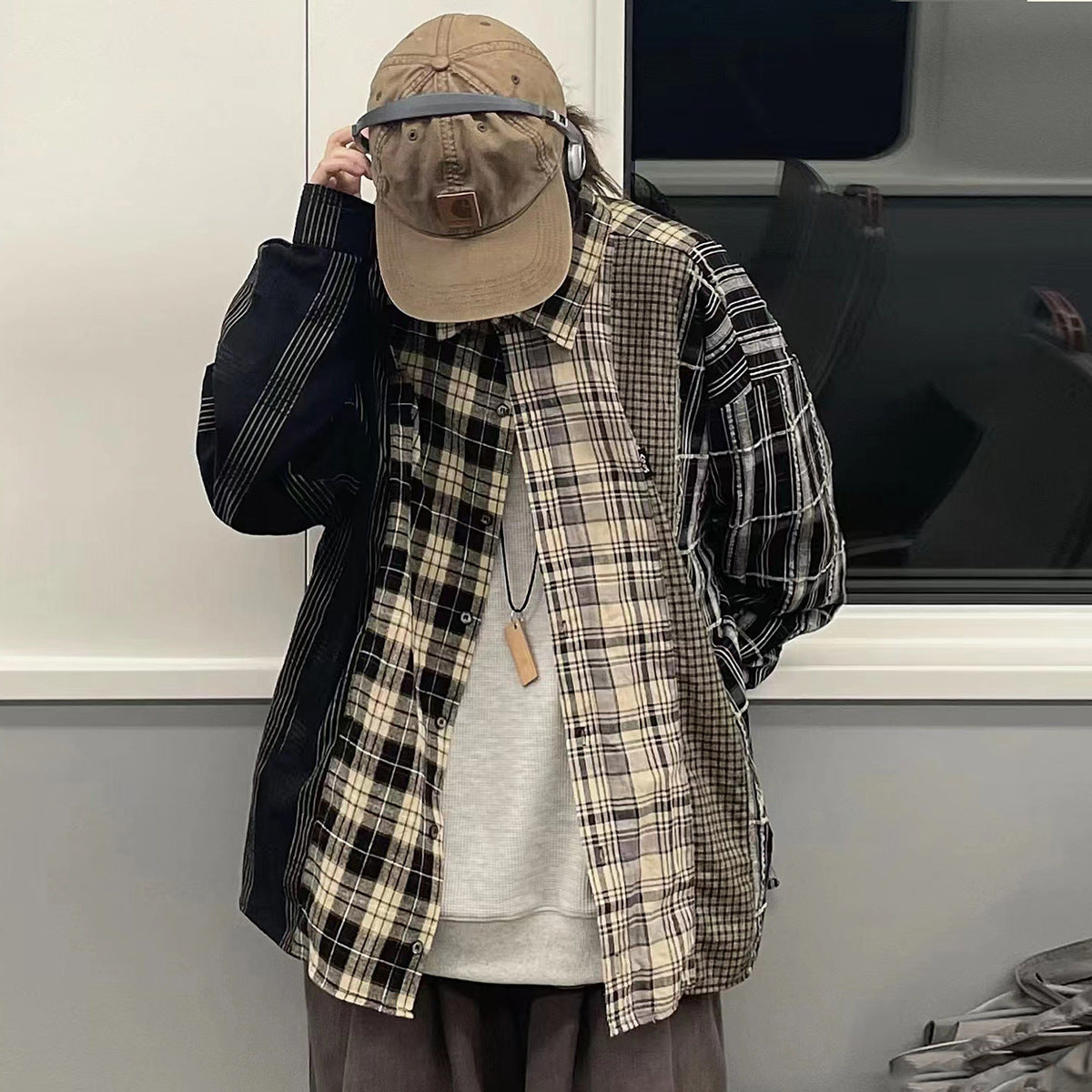 Men's Shirts Patchwork Plaid Coat
