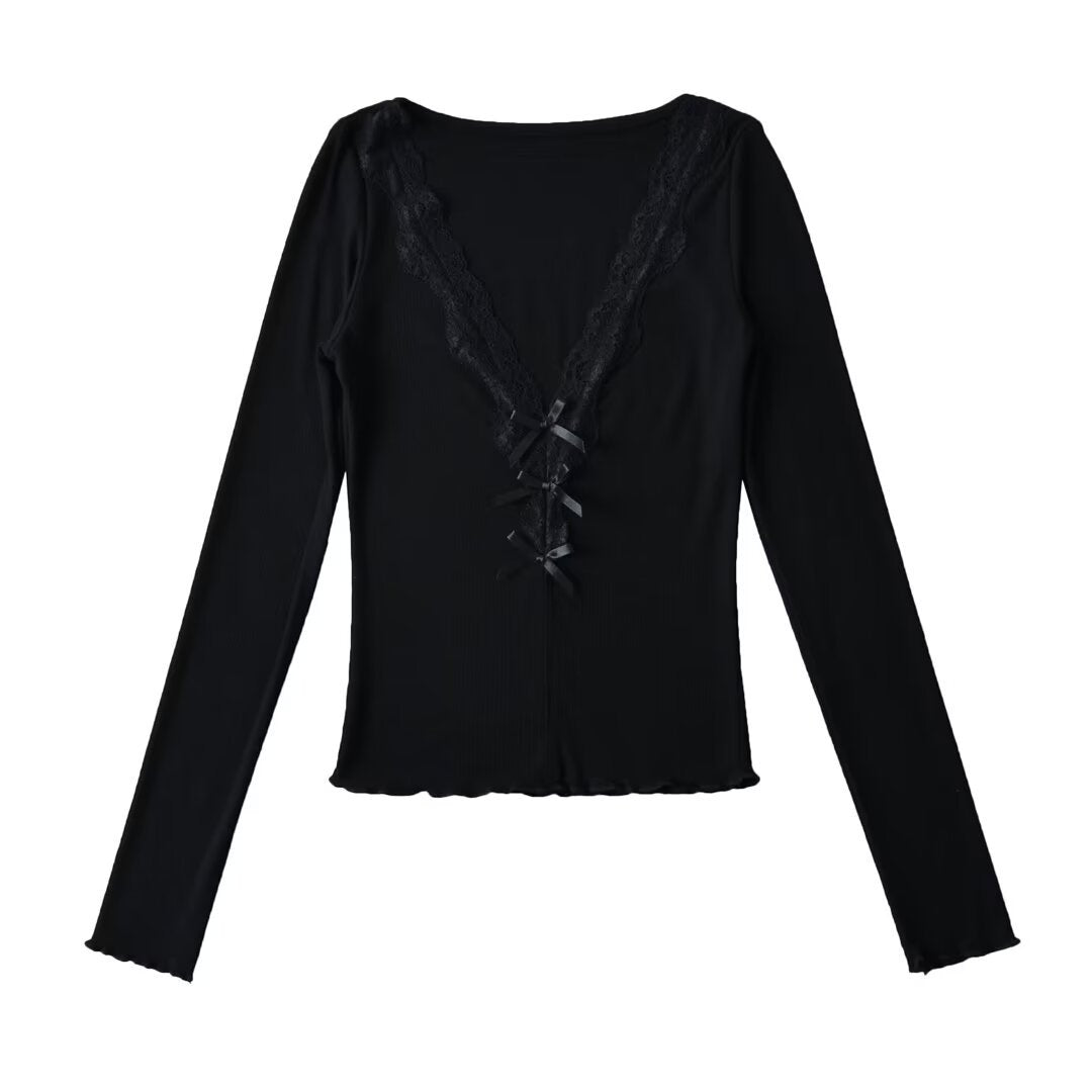 Women Tops Summer Lace V-neck Top Bow Slim T-shirt