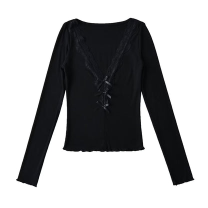 Women Tops Summer Lace V-neck Top Bow Slim T-shirt