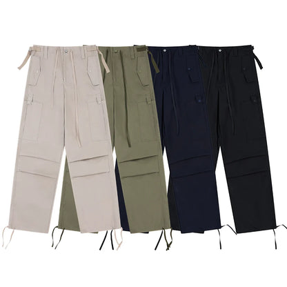 Men Sweatpants Casual Straight Trousers Loose Cargo Pleated Drawstring Ankle Banded Pants