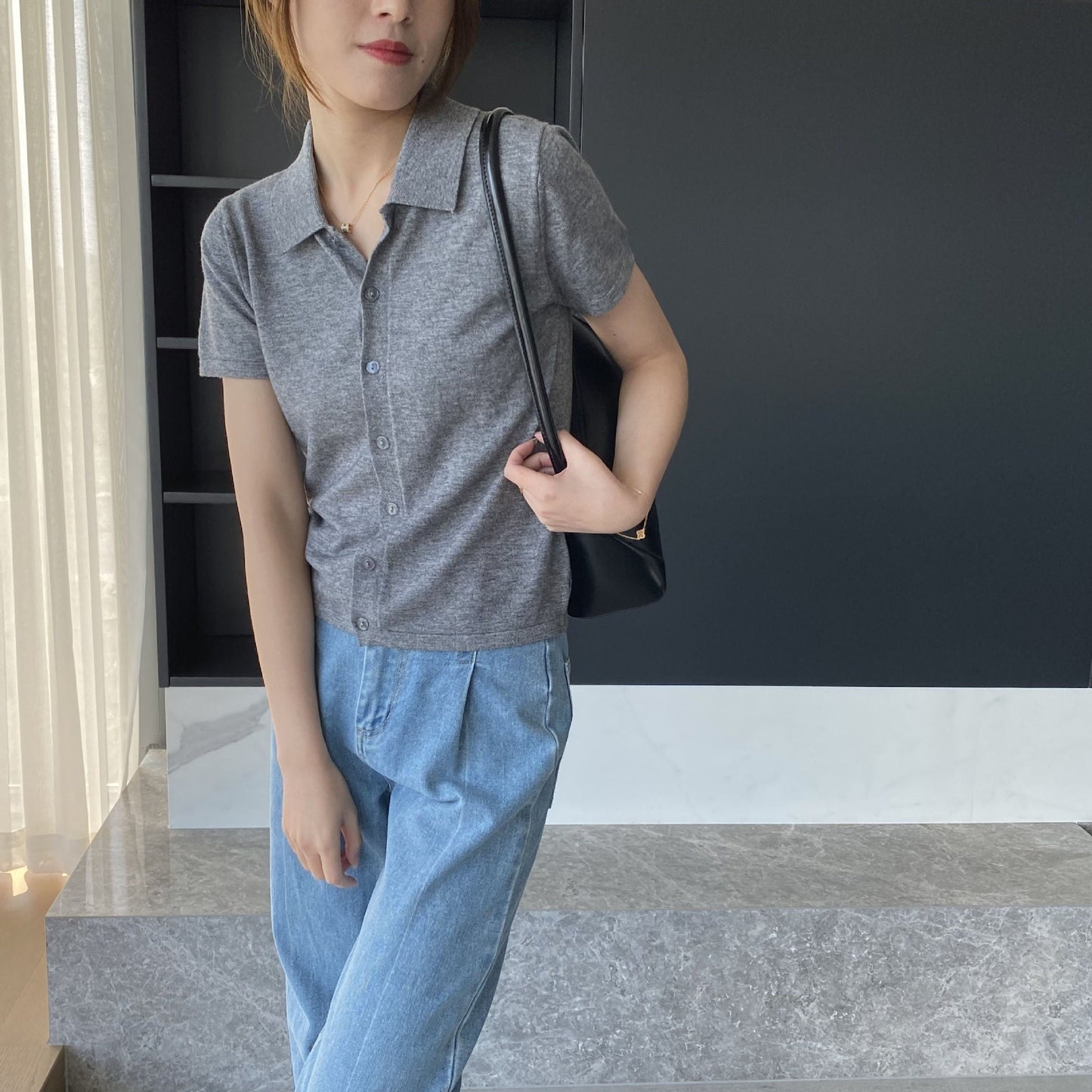 Women Knitted T-shirt Knitted Cardigan Jacket Slim Fit Short Sleeve Polo Collar Top