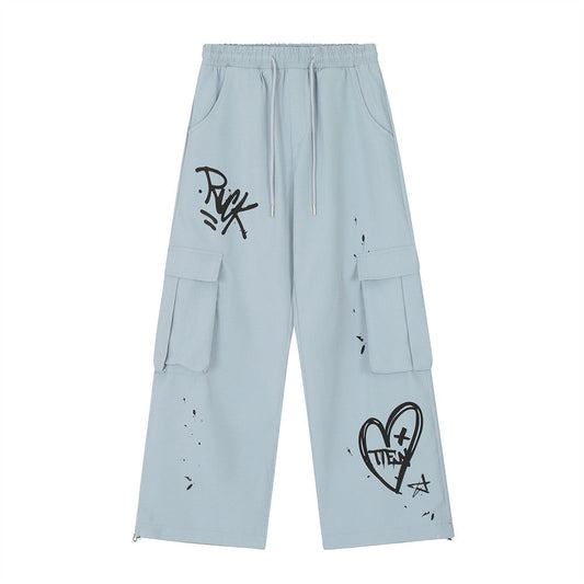 Men Sweatpants Casual Pants Men's Loose Love Splashed Ink Printing Sports Drawstring
