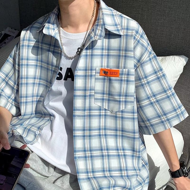 Men Shirts Loose Oversized Plaid Shirt All-Match Fashionable Coat