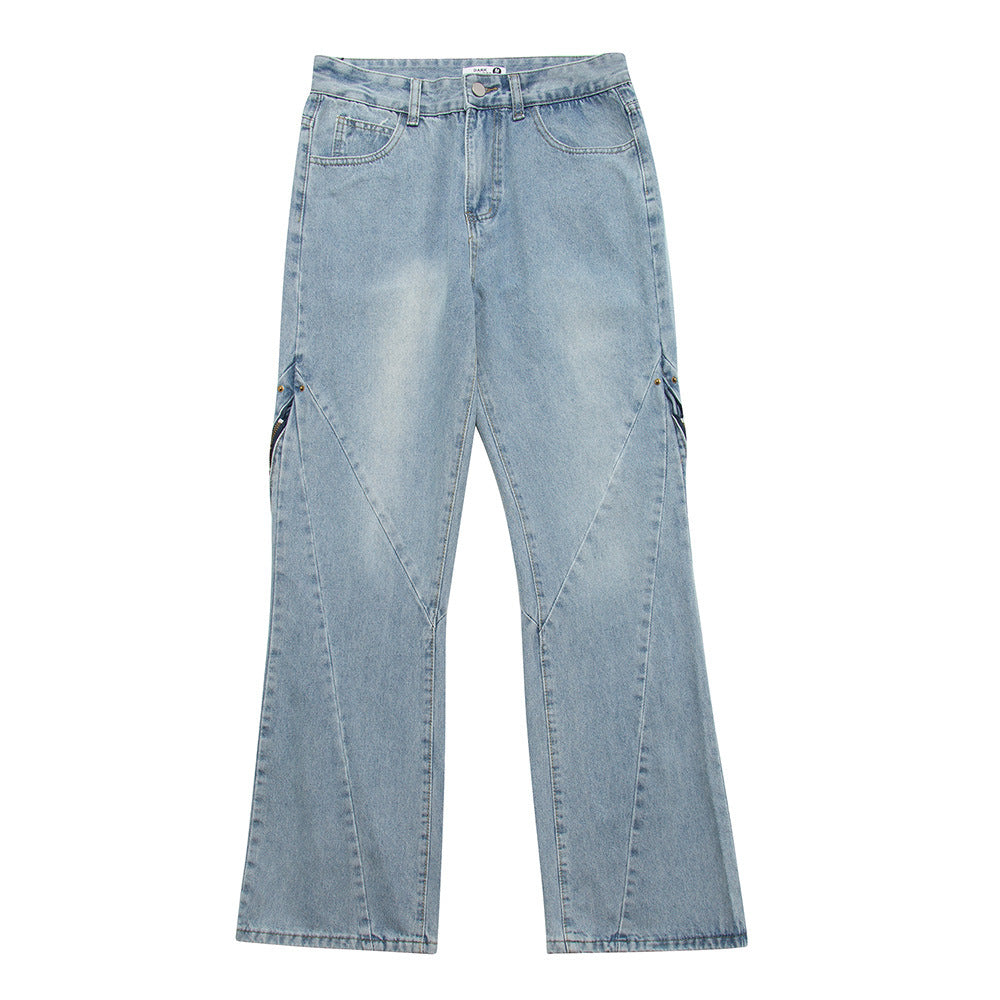 Men Jeans Zipper Personality Wide Leg Slightly Flared